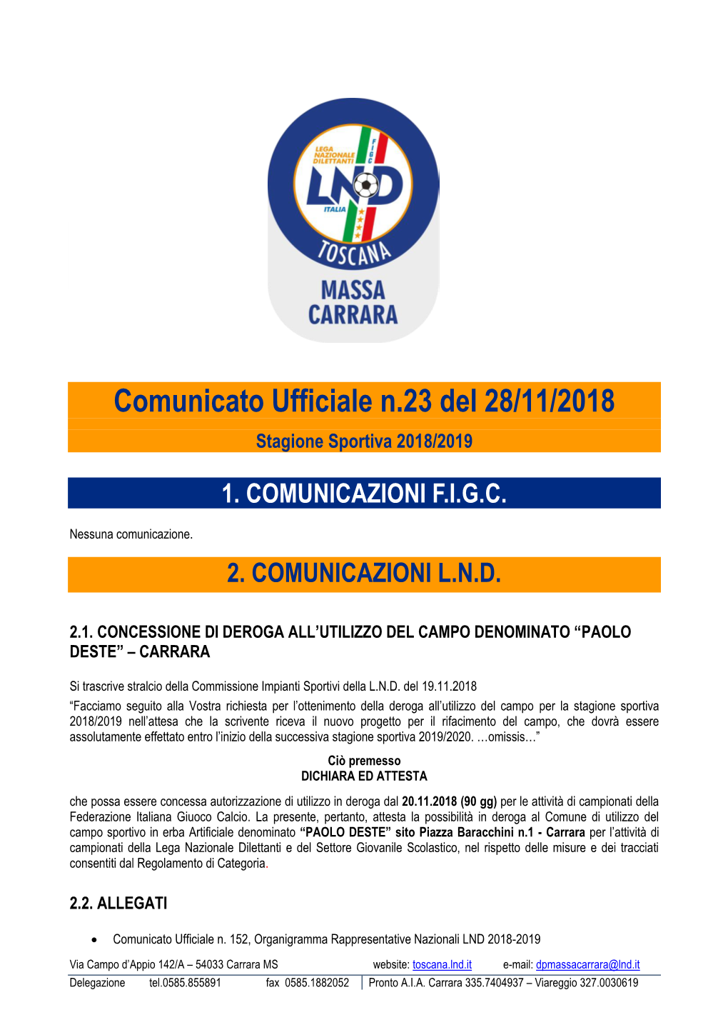 Comunicato Ufficiale N.23 Del 28/11/2018