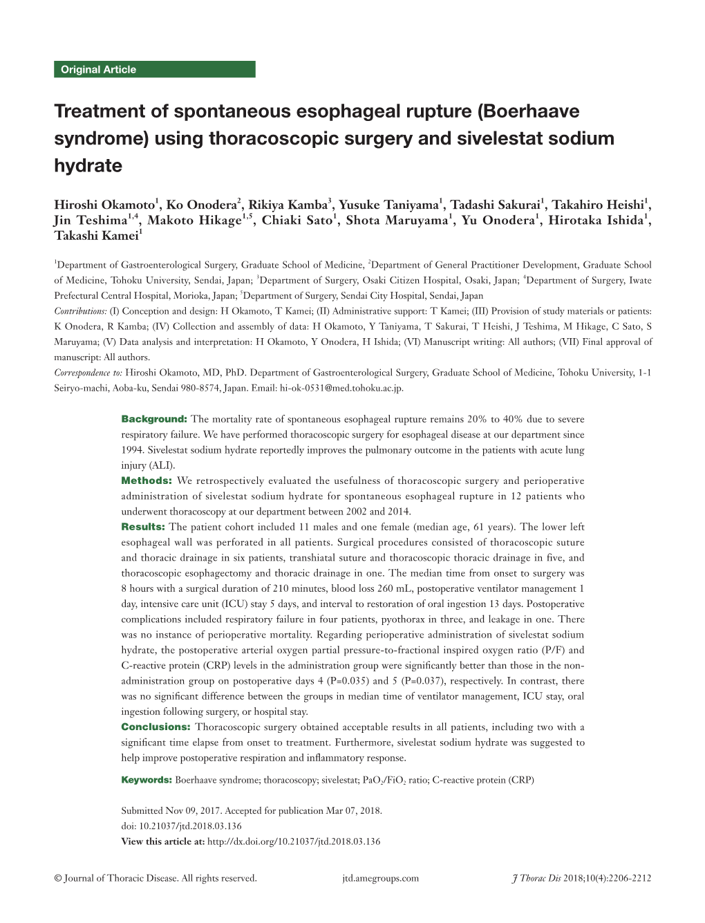 Treatment of Spontaneous Esophageal Rupture (Boerhaave Syndrome) Using Thoracoscopic Surgery and Sivelestat Sodium Hydrate