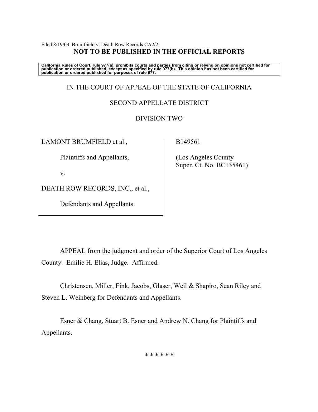 Filed 8/19/03 Brumflield V. Death Row Records CA2/2 NOT to BE PUBLISHED in the OFFICIAL REPORTS