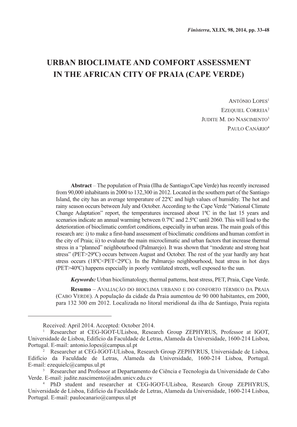 URBAN BIOCLIMATE and COMFORT ASSESSMENT in the AFRICAN CITY of PRAIA (CAPE VERDE)