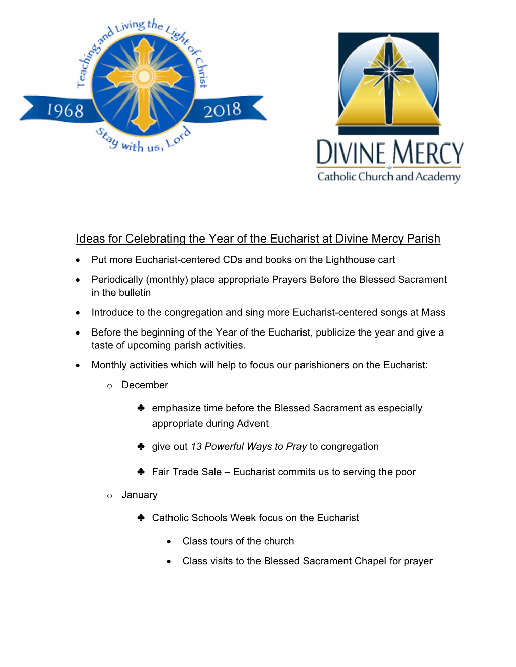 Ideas for Celebrating the Year of the Eucharist at Divine Mercy Parish