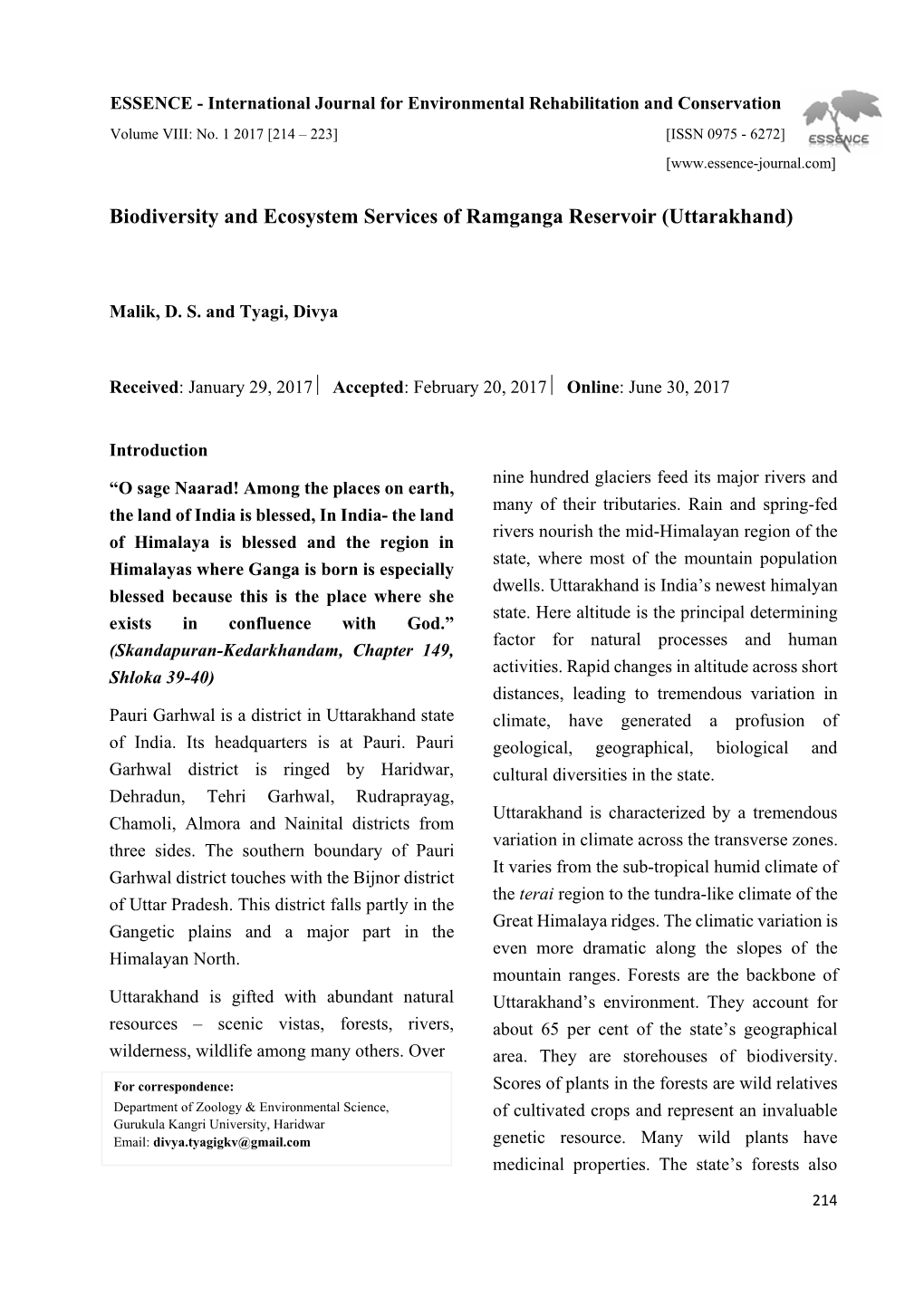 Biodiversity and Ecosystem Services of Ramganga Reservoir (Uttarakhand)