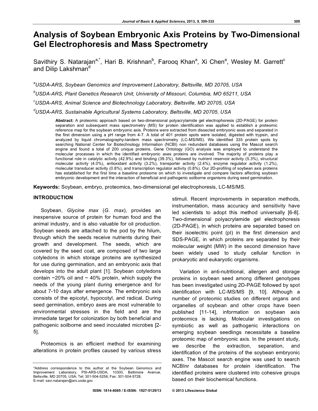 Analysis of Soybean Embryonic Axis Proteins by Two-Dimensional Gel Electrophoresis and Mass Spectrometry