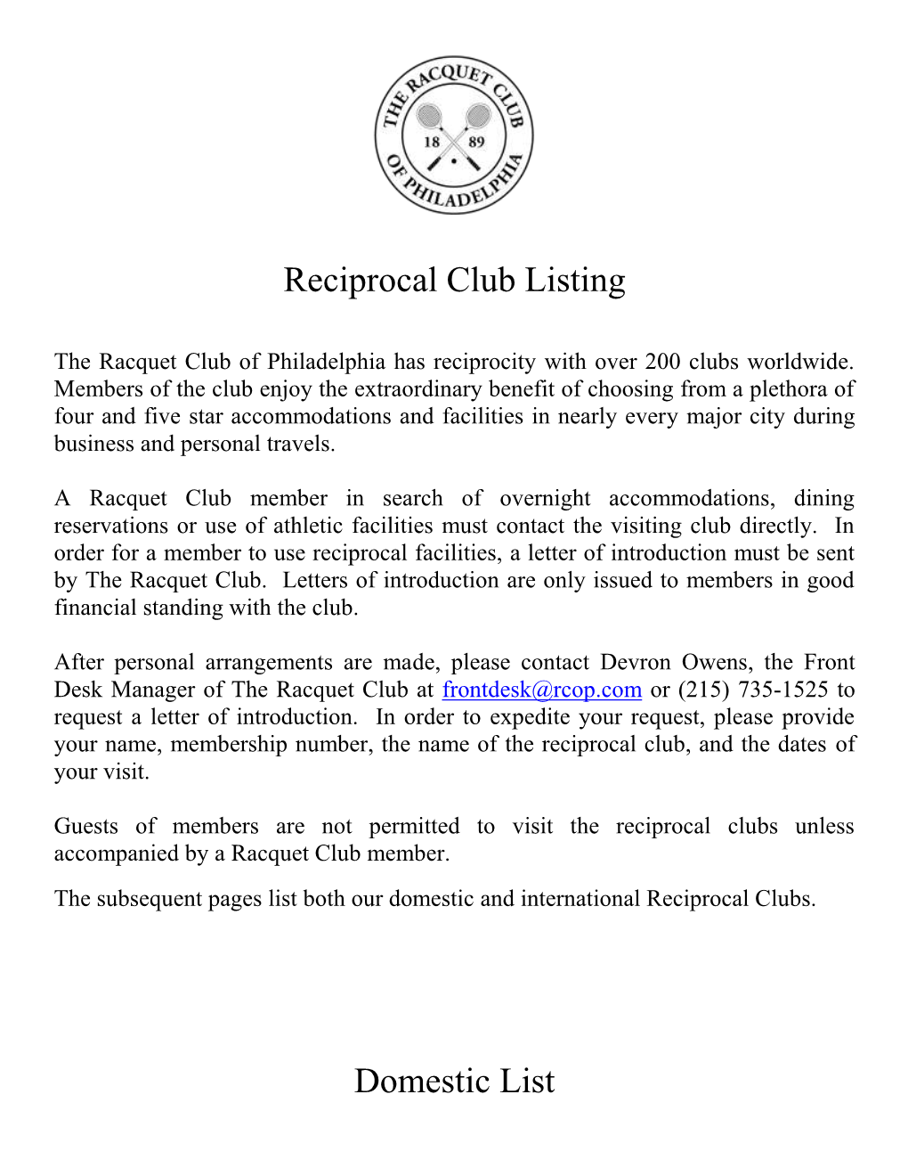 Reciprocal Club Listing Domestic List