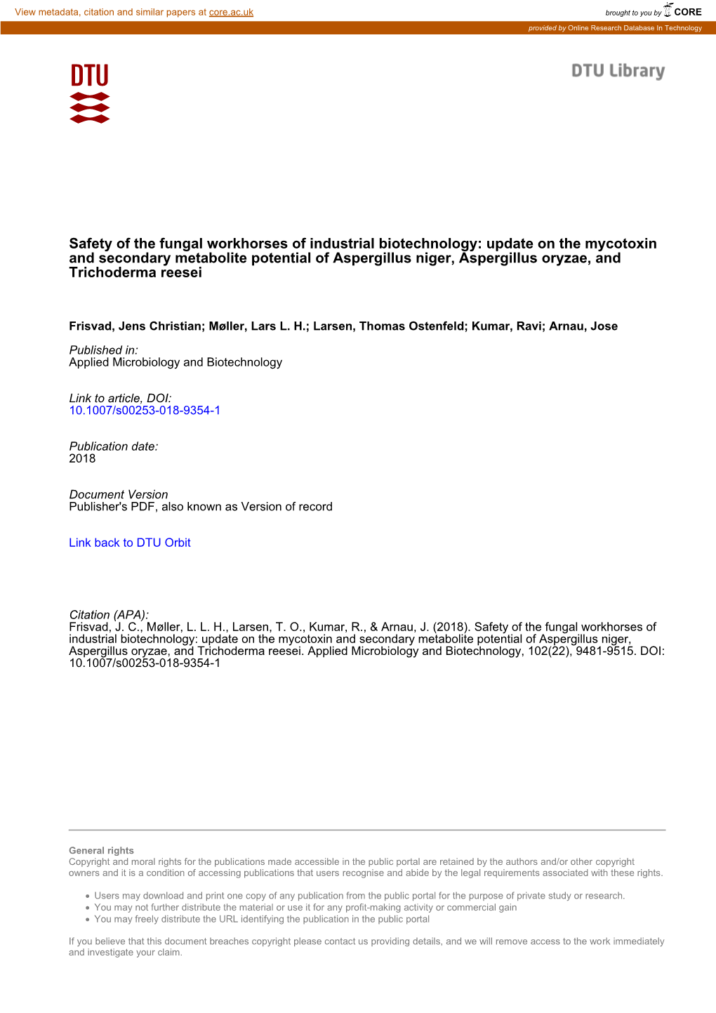 Safety of the Fungal Workhorses of Industrial Biotechnology: Update on the Mycotoxin and Secondary Metabolite Potential of Asper