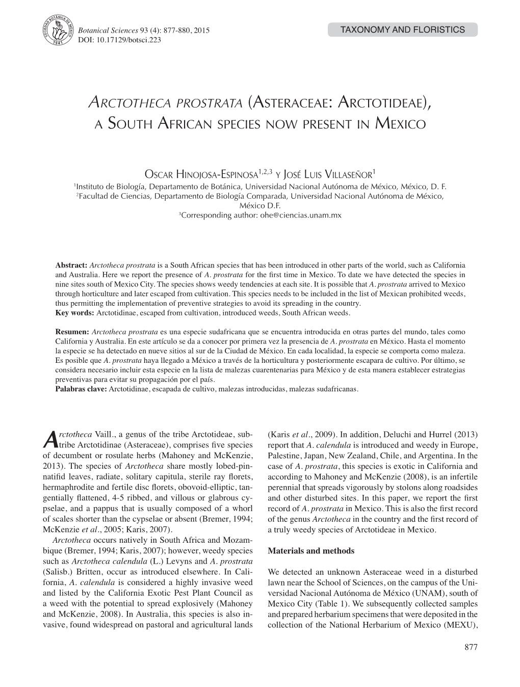 Arctotheca Prostrata (Asteraceae: Arctotideae), a South African Species Now Present in Mexico