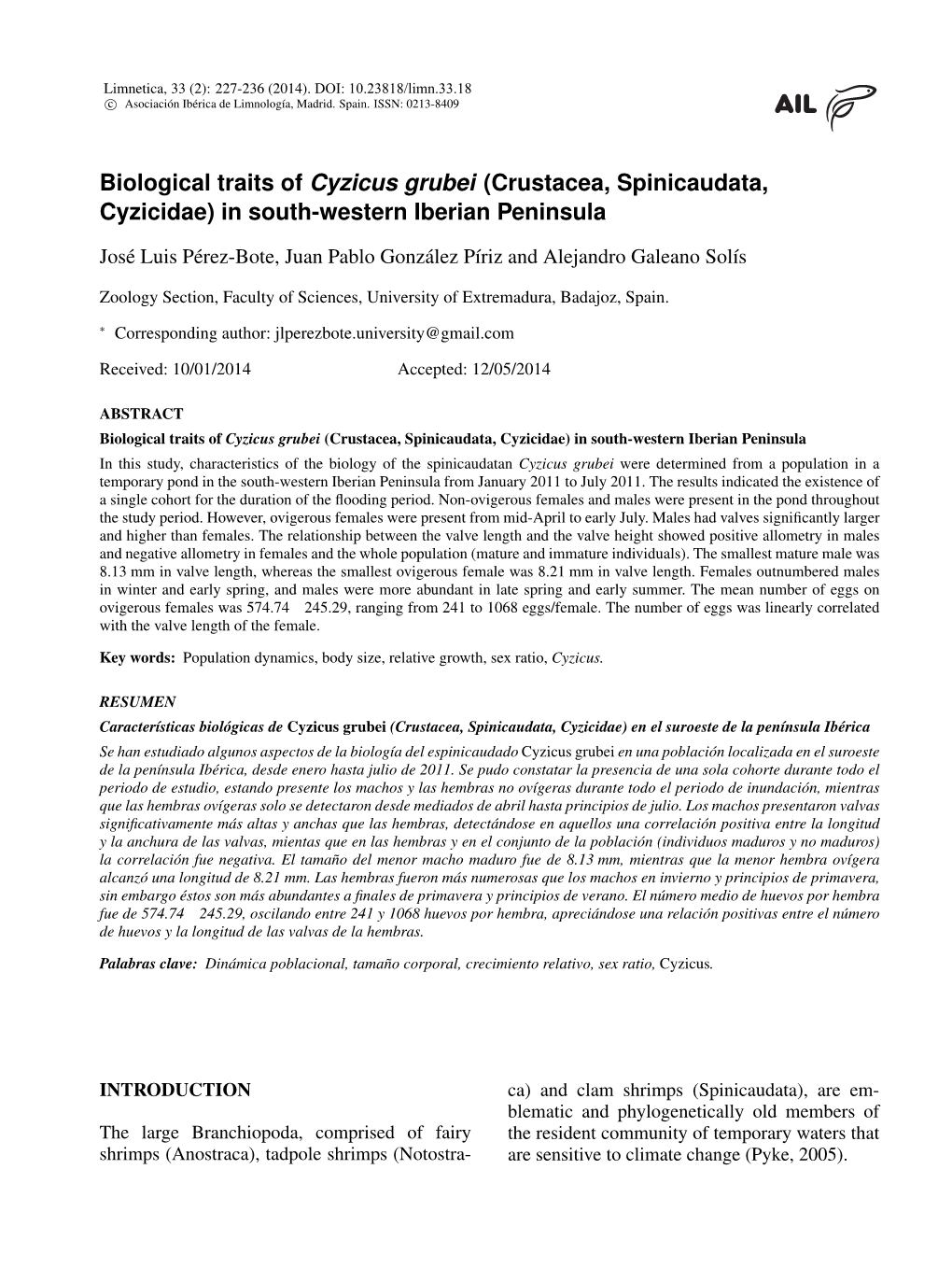 Biological Traits of Cyzicus Grubei in South-Western Iberian Peninsula