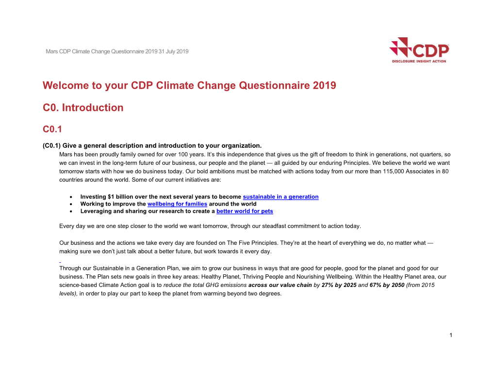 Welcome to Your CDP Climate Change Questionnaire 2019