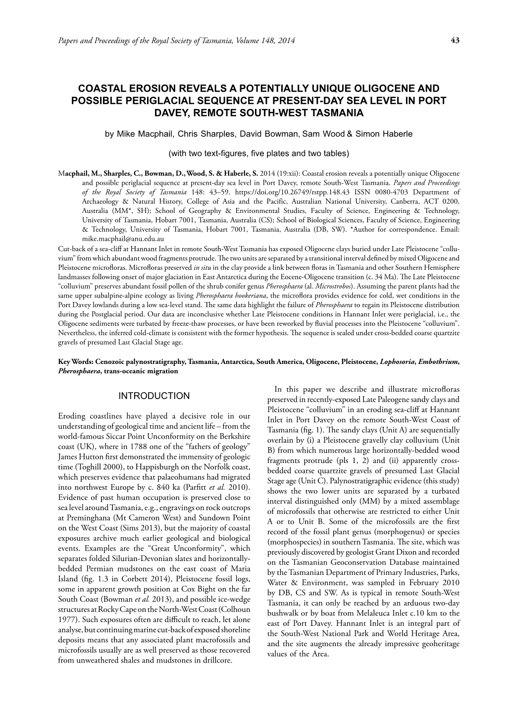 Coastal Erosion Reveals a Potentially Unique Oligocene and Possible Periglacial Sequence at Present-Day Sea Level in Port Davey, Remote South-West Tasmania