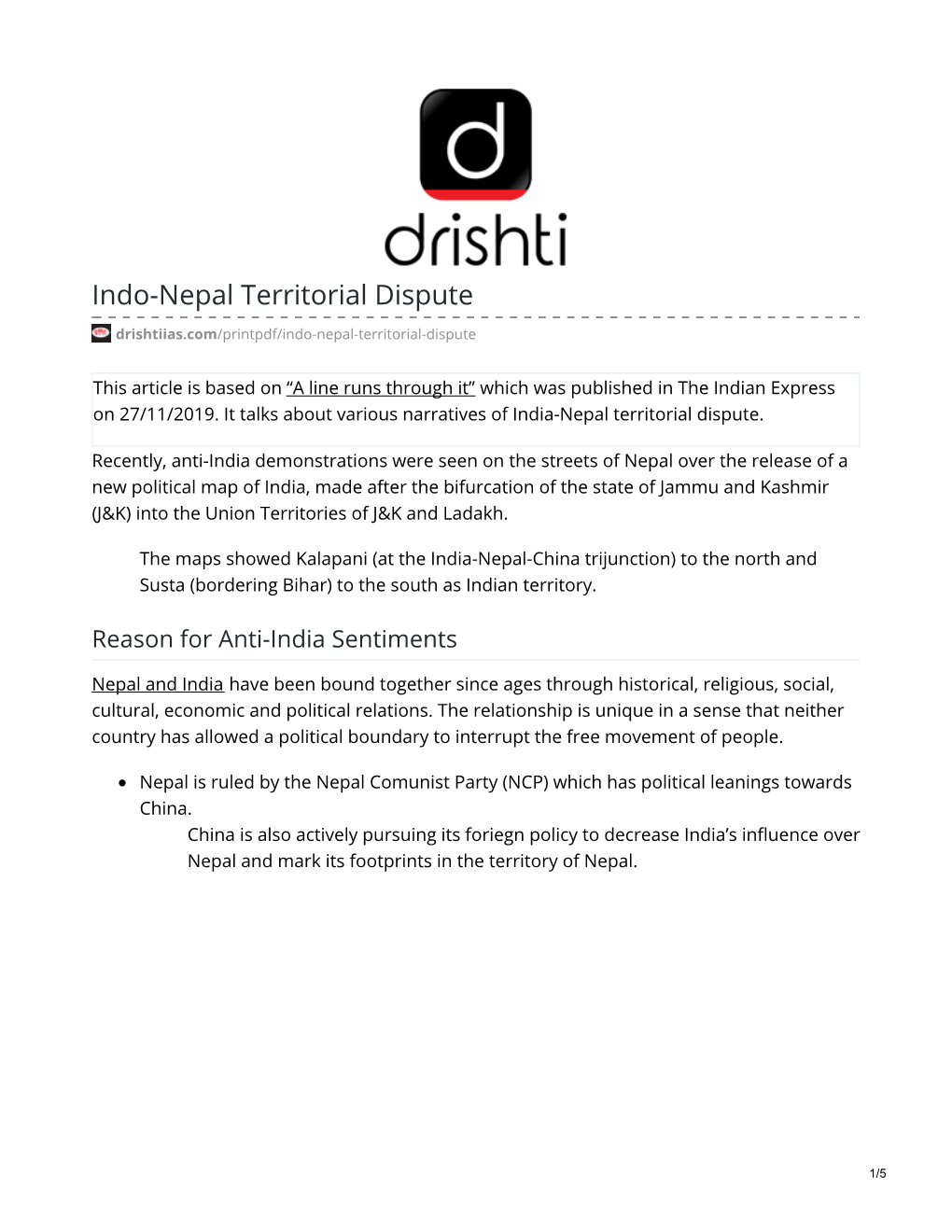 Indo-Nepal Territorial Dispute