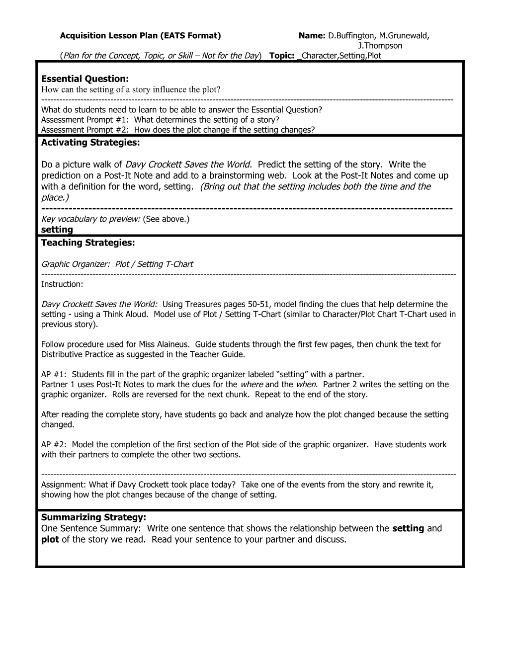 Acquisition Lesson Plan (EATS Format) Name: D.Buffington, M.Grunewald