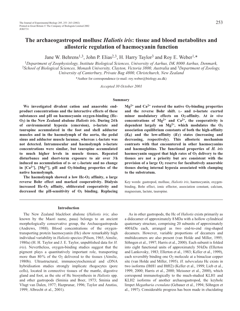 Regulation of Haemocyanin Function in Haliotis Iris 255 Also Matched with Adductor Muscle Haemolymph Samples