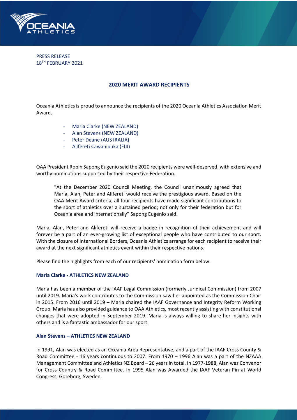 PR 2020 Merit Award Recipients