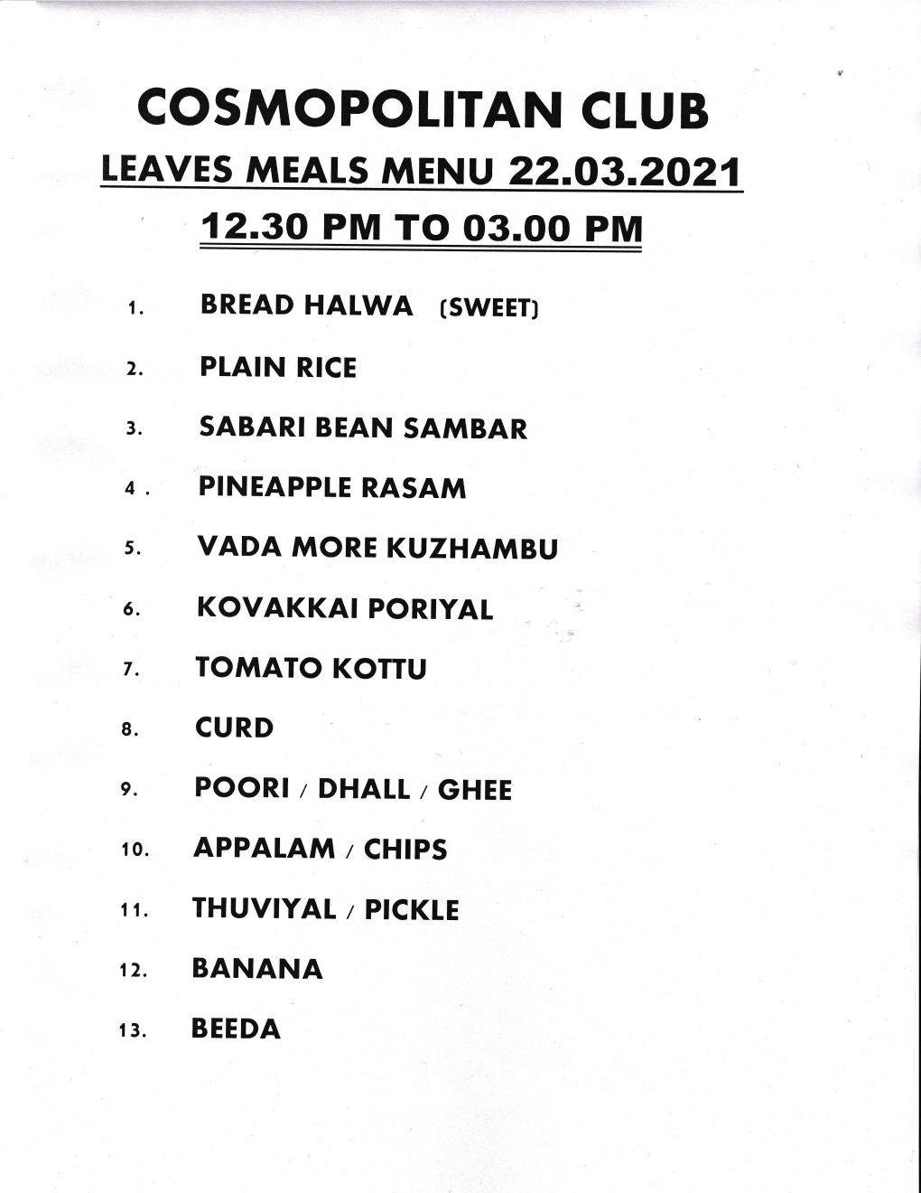 Cosmopotitan Club Teaves Meats Menu 22.03.2021 1 12.30 Pm to O3.Oo Pm