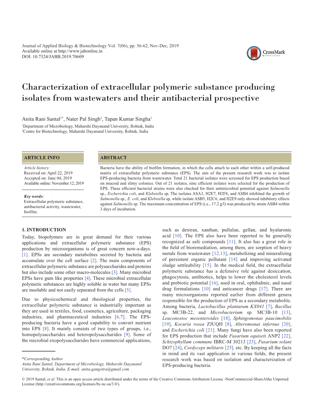 Characterization of Extracellular Polymeric Substance Producing Isolates from Wastewaters and Their Antibacterial Prospective