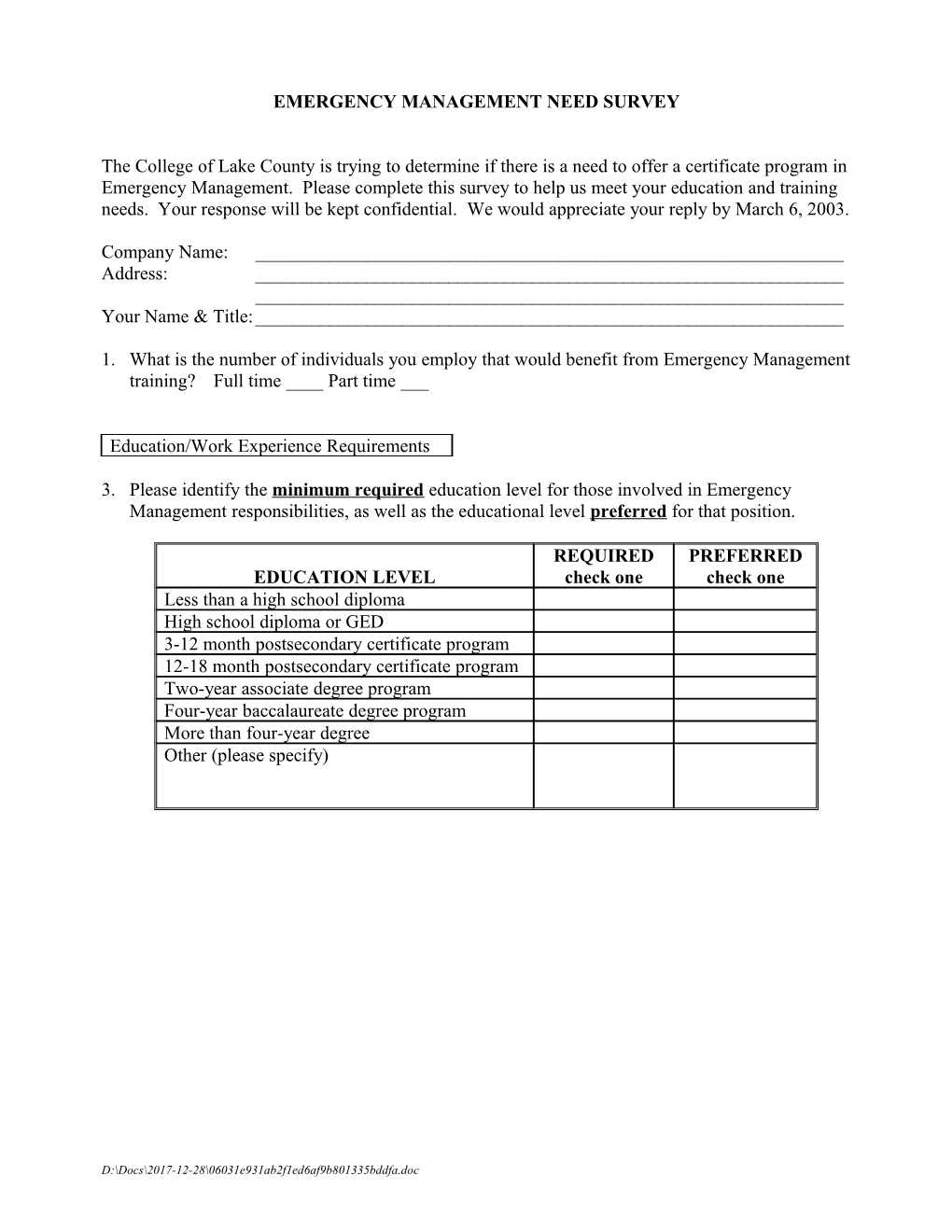 Sample Labor Market Need Survey