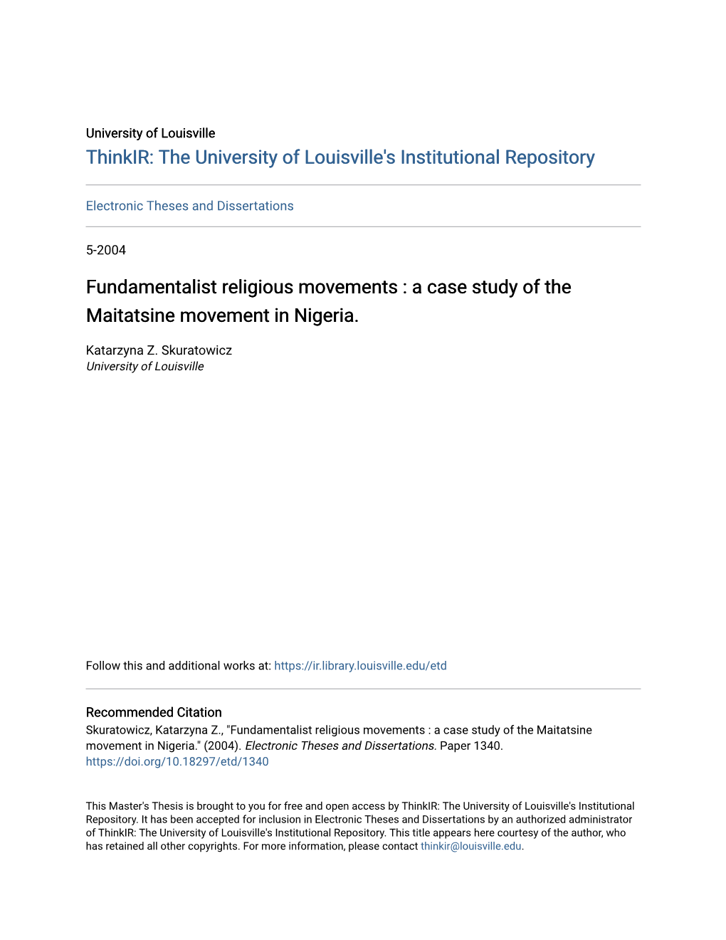 Fundamentalist Religious Movements : a Case Study of the Maitatsine Movement in Nigeria