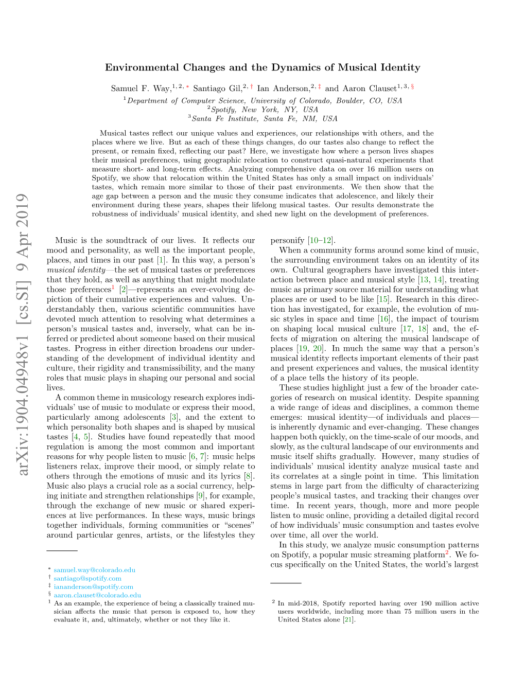 Arxiv:1904.04948V1 [Cs.SI] 9 Apr 2019 Others Through the Emotions of Music and Its Lyrics [8]