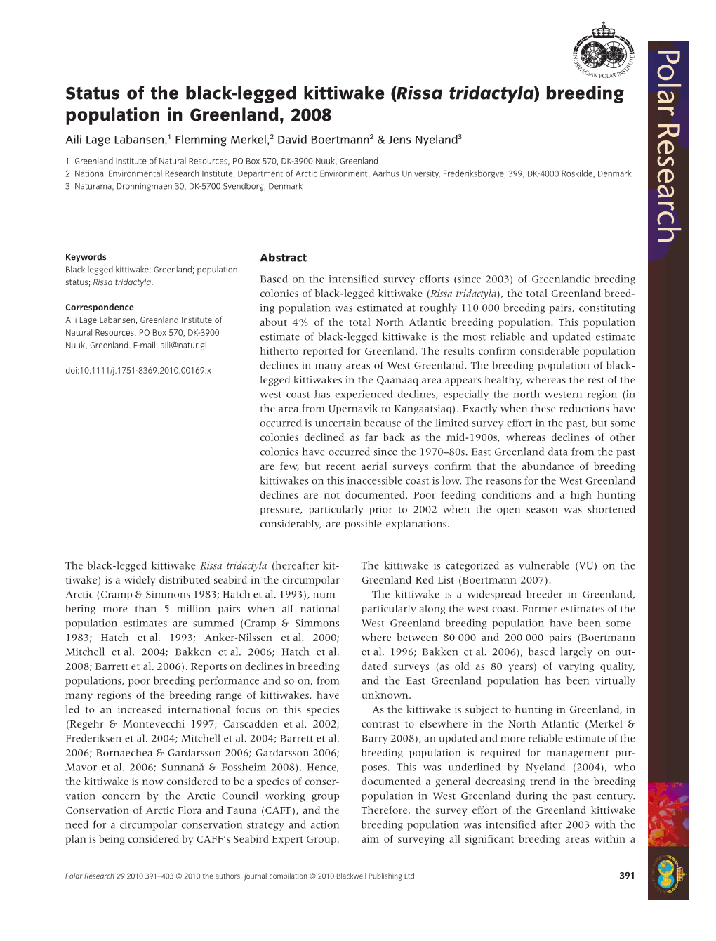 Status of the Black-Legged Kittiwake (Rissa Tridactyla) Breeding