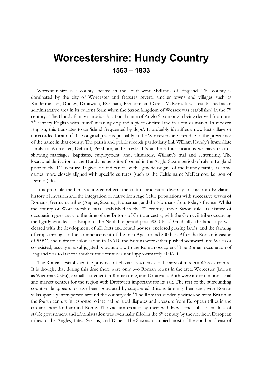 Worcestershire: Hundy Country 1563 – 1833