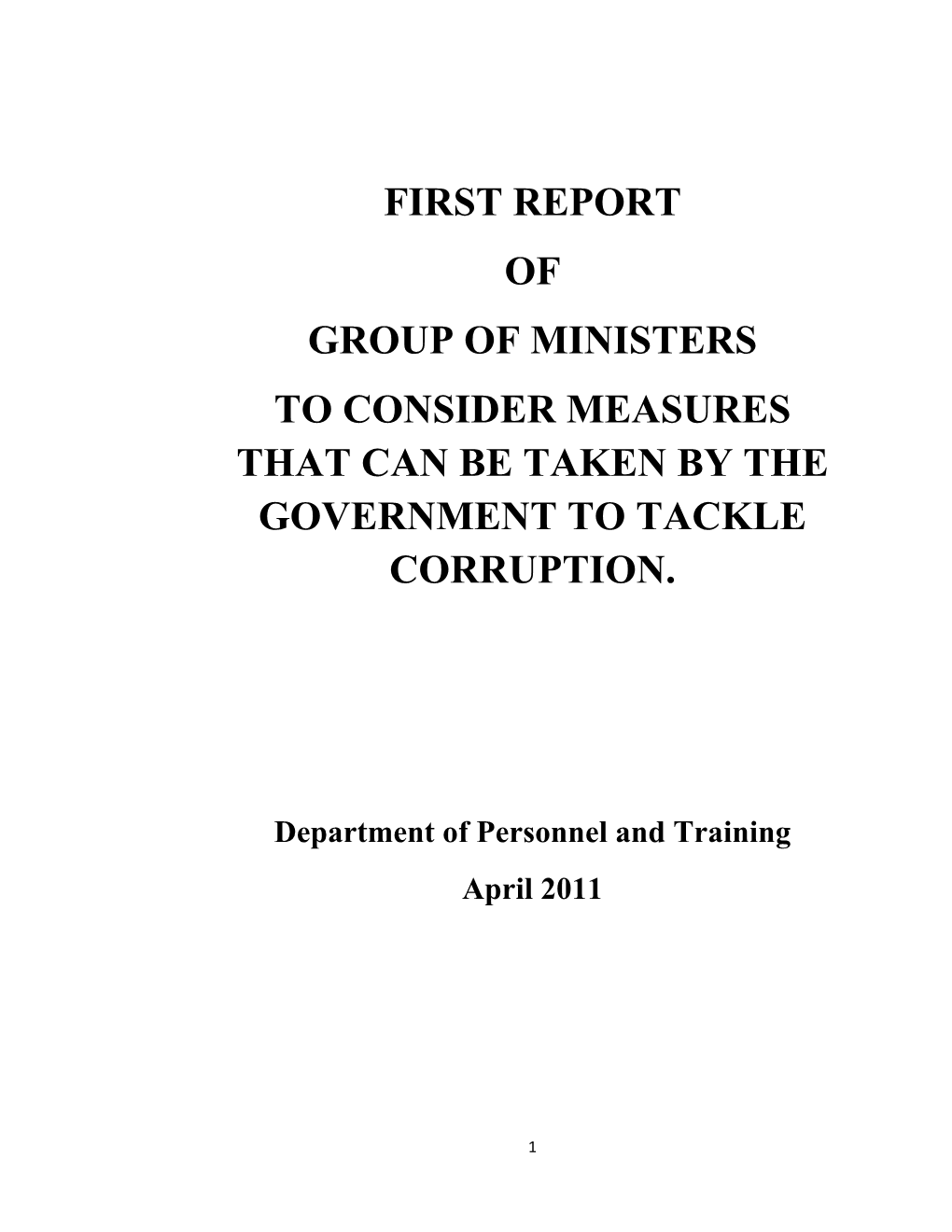 First Report of Group of Ministers to Consider Measures That Can Be Taken by the Government to Tackle Corruption