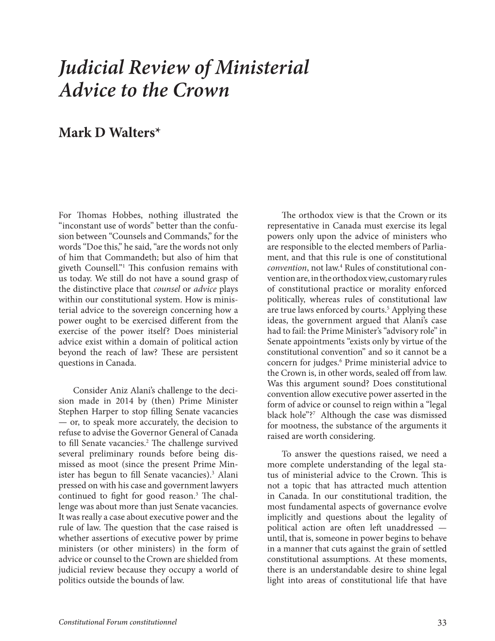 Judicial Review of Ministerial Advice to the Crown
