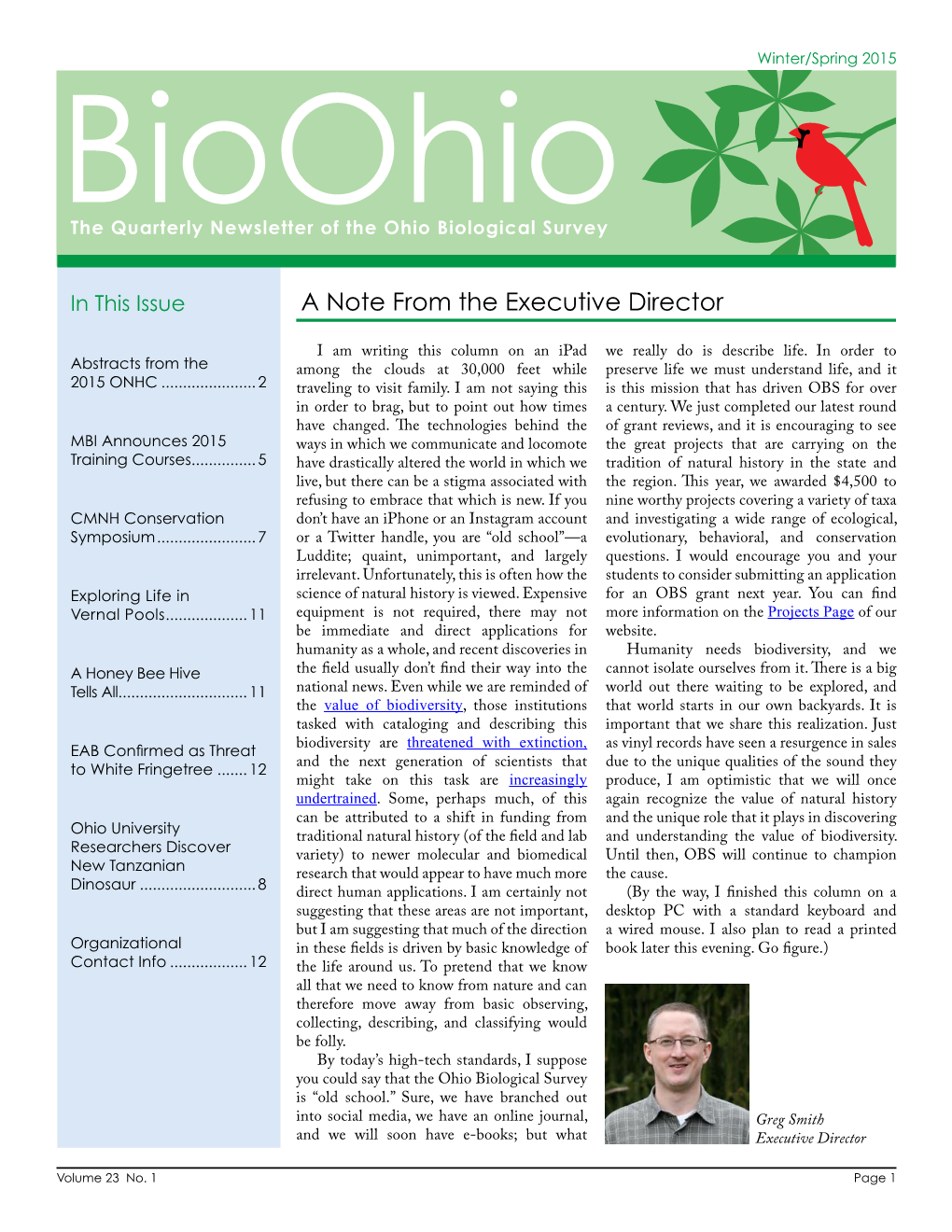 Winter/Spring 2015 Bioohio the Quarterly Newsletter of the Ohio Biological Survey