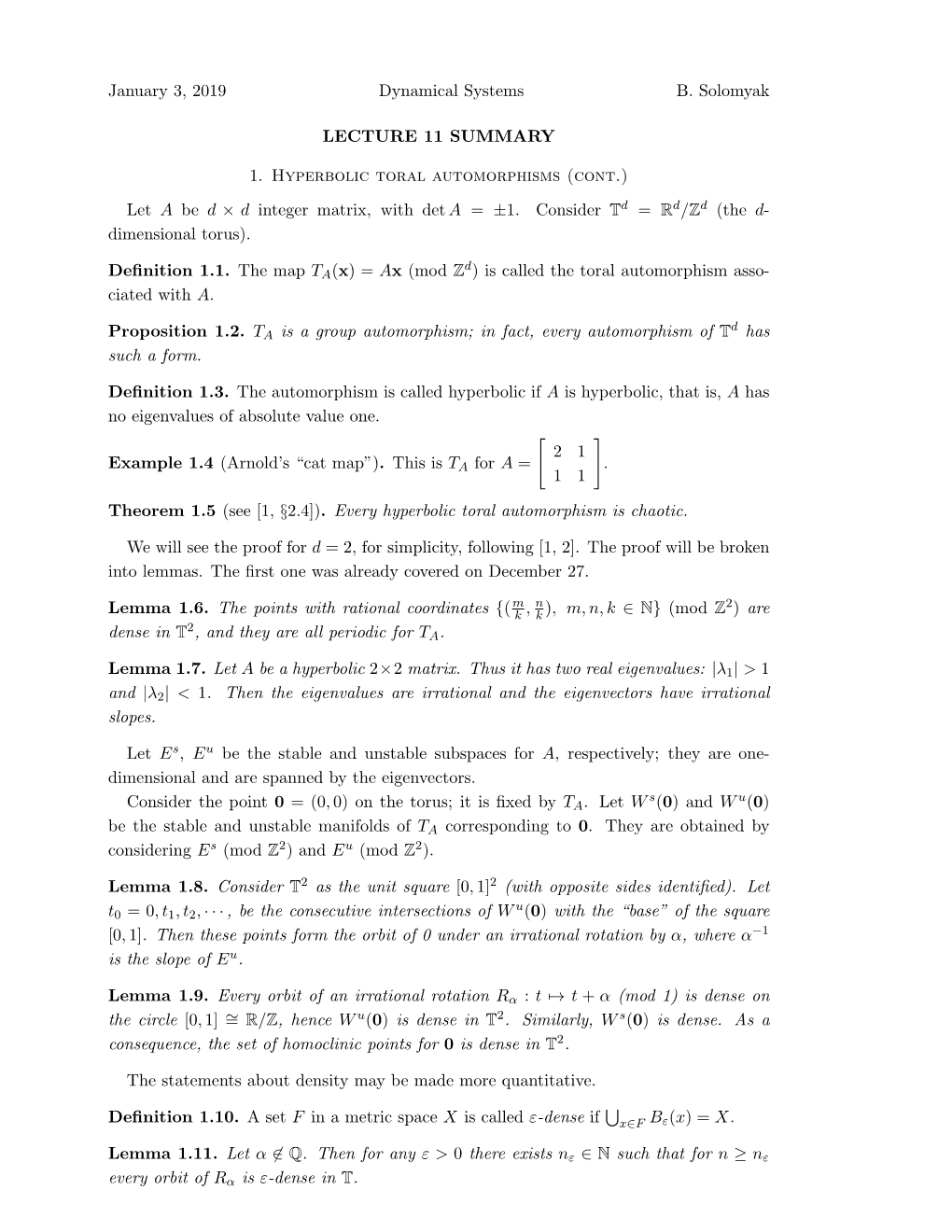 January 3, 2019 Dynamical Systems B. Solomyak LECTURE 11