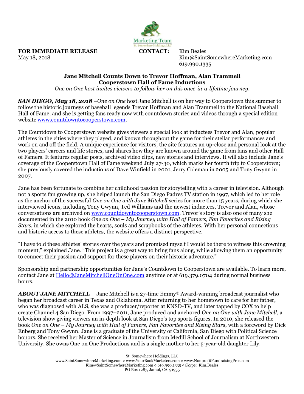 FOR IMMEDIATE RELEASE CONTACT: Kim Beales May 18, 2018 Kim@Saintsomewheremarketing.Com 619.990.1335 Jane Mitchell Counts Down T