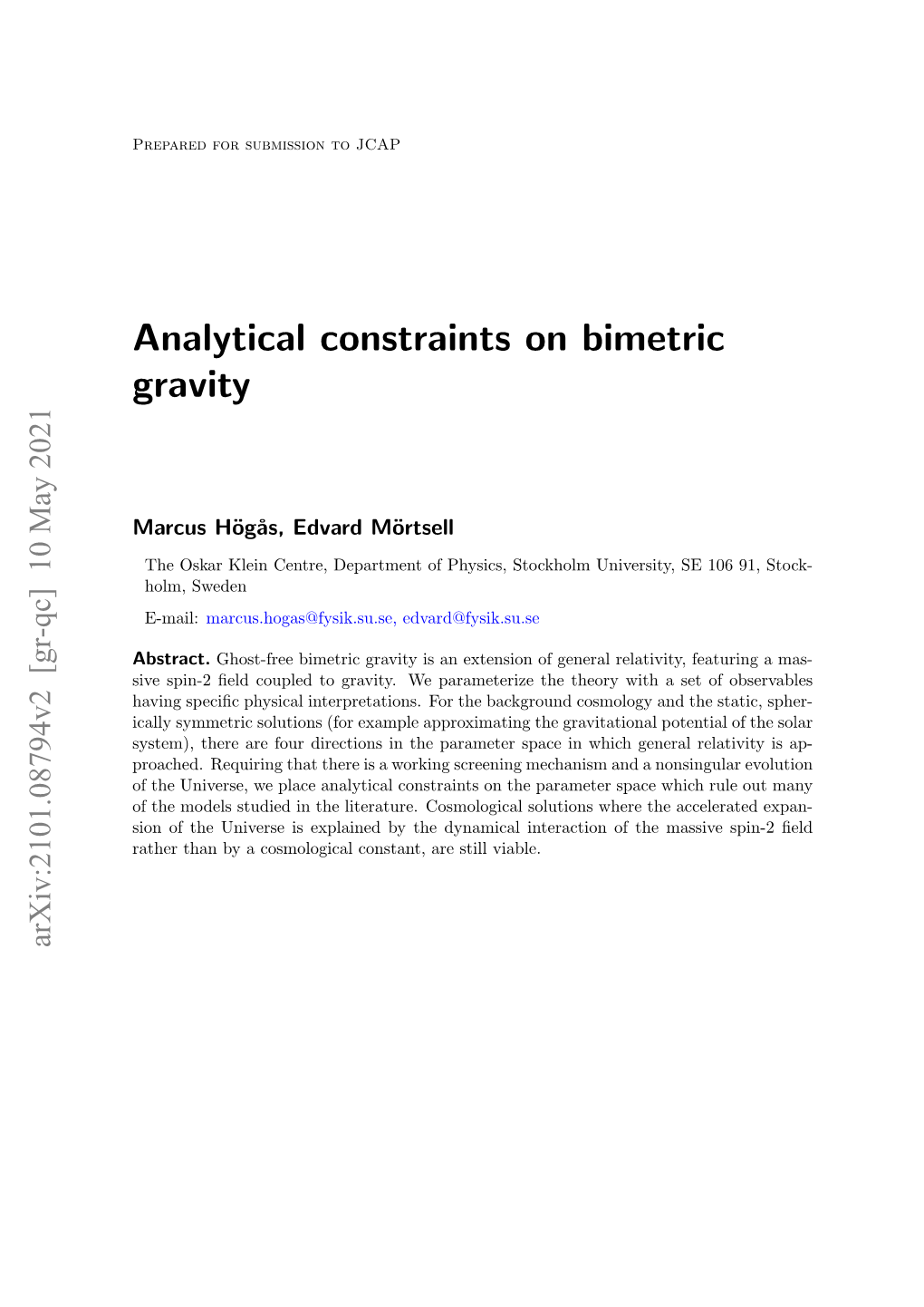 Analytical Constraints on Bimetric Gravity