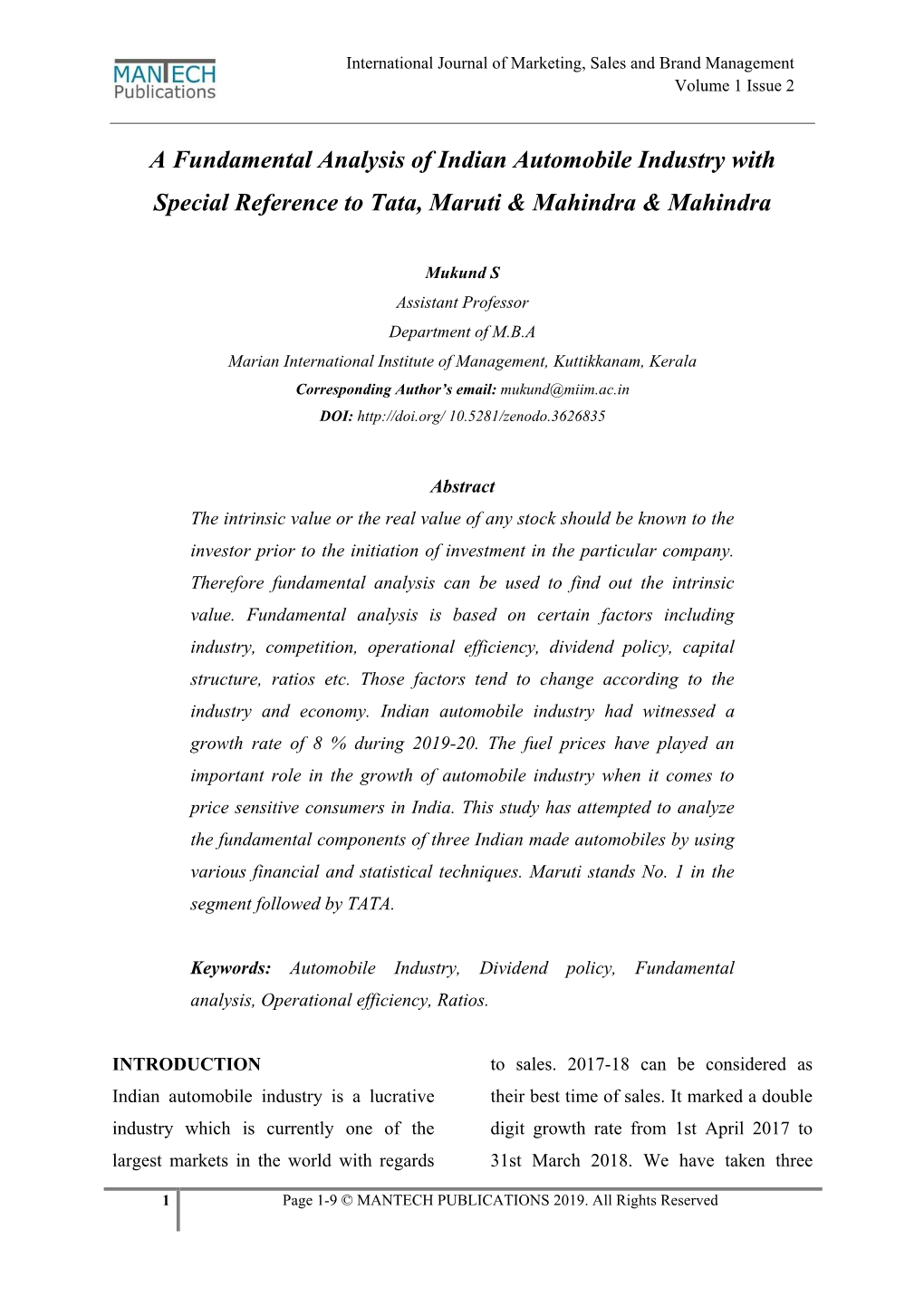 A Fundamental Analysis of Indian Automobile Industry with Special Reference to Tata, Maruti & Mahindra & Mahindra