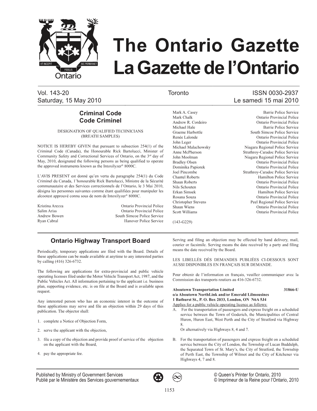 Ontario Gazette Volume 143 Issue 20, La Gazette De L'ontario Volume 143