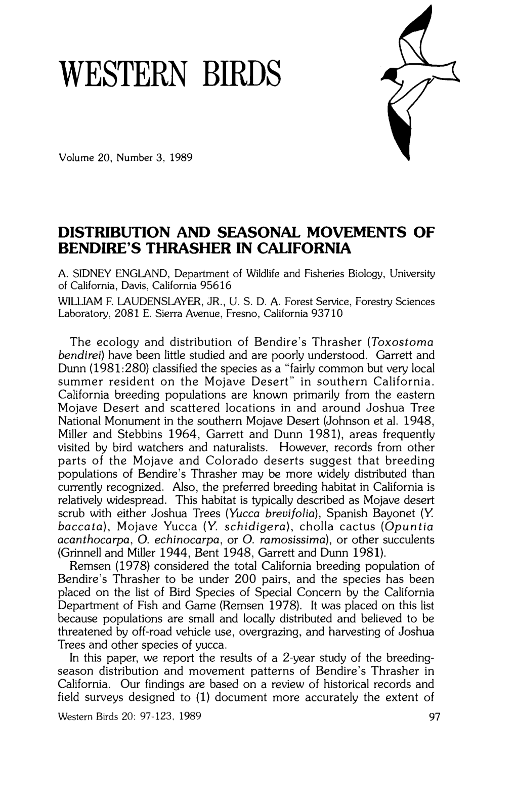 Distribution and Seasonal Movements of Bendire's Thrasher in California