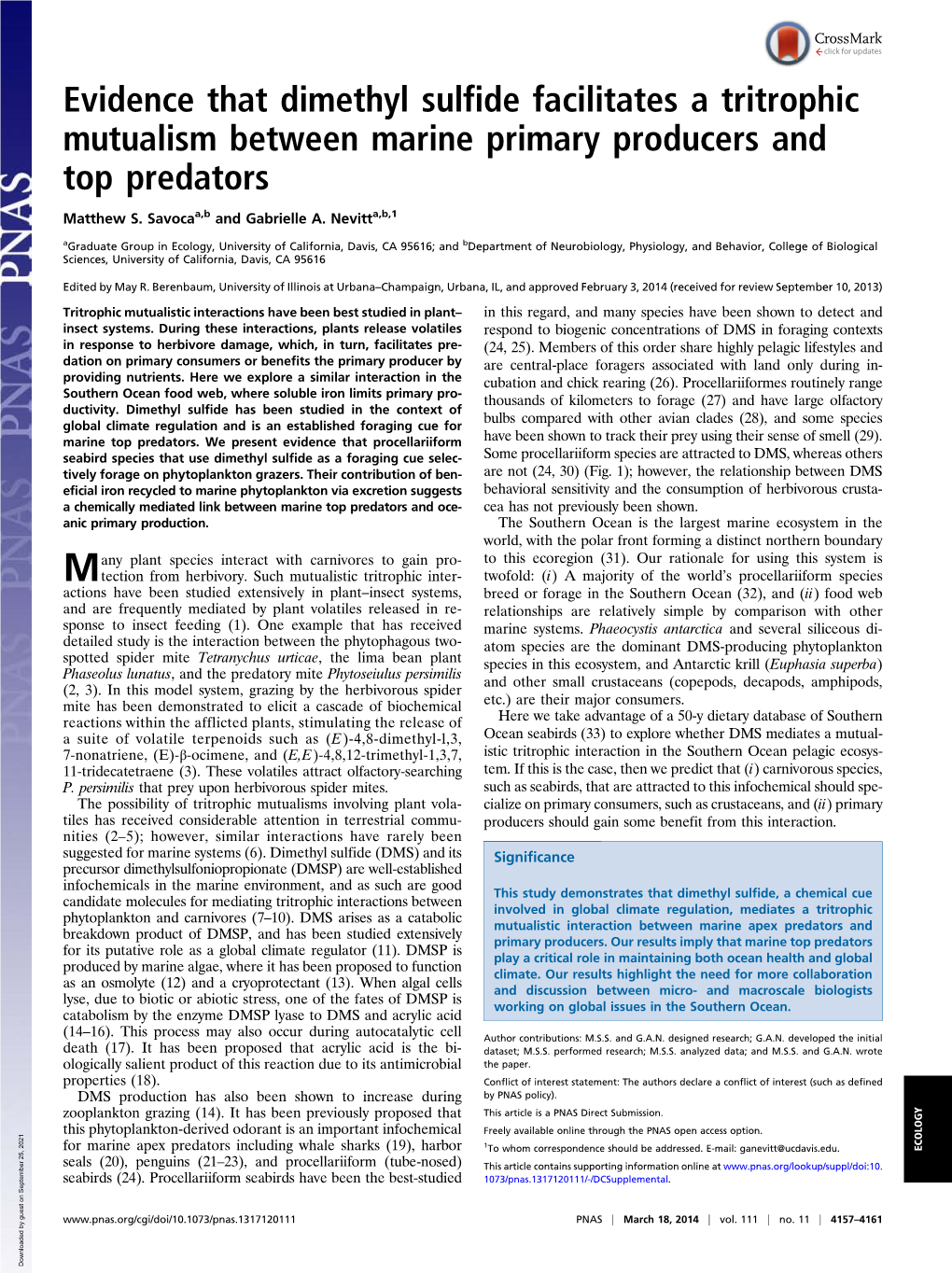 Evidence That Dimethyl Sulfide Facilitates a Tritrophic Mutualism Between Marine Primary Producers and Top Predators