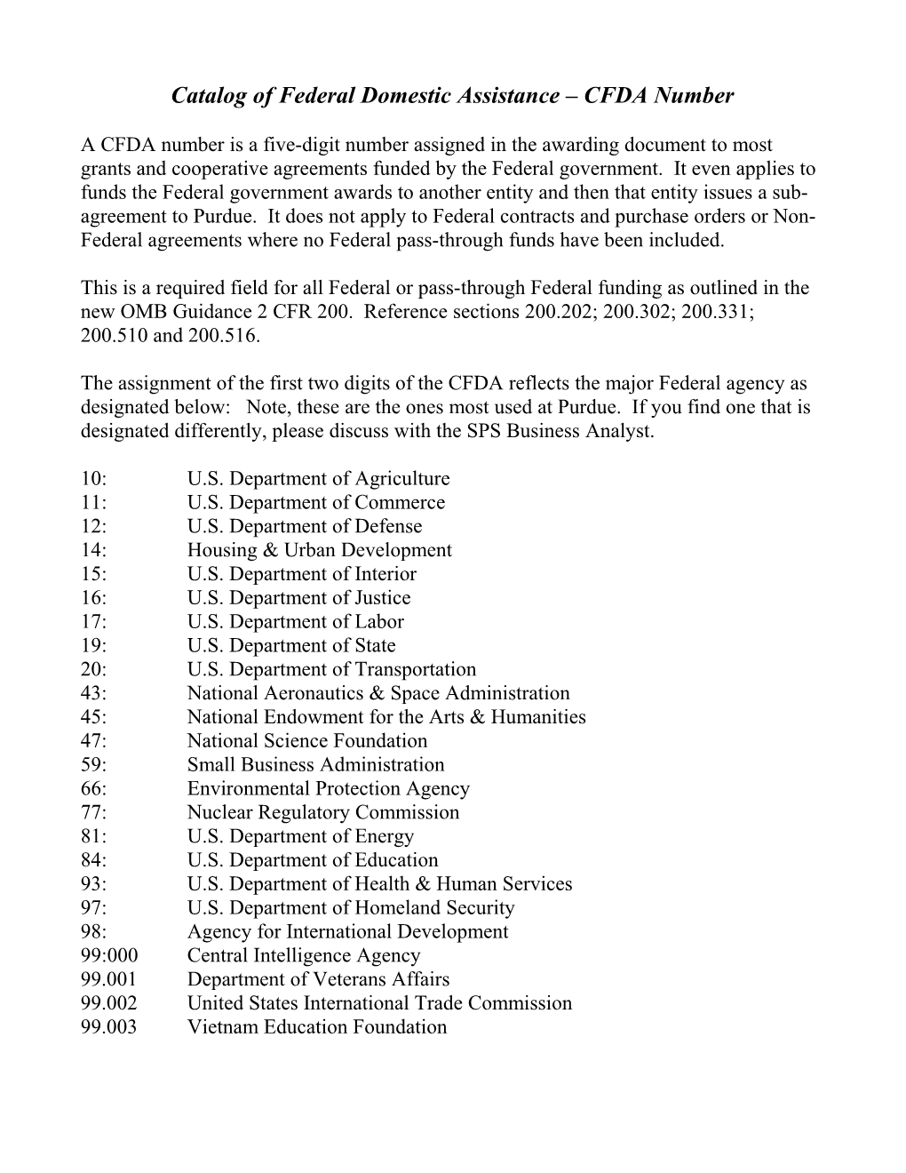 Catalog Of Federal Domestic Assistance – CFDA Number