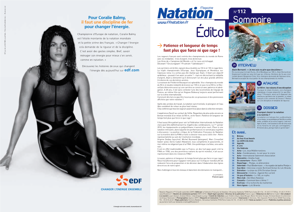 Natation Magazine N°112 (Août-Septembre 2009) • Edité Par La Fédération Française De Natation, 148 Avenue Gambetta 75980 Paris Cedex 20 • Tél