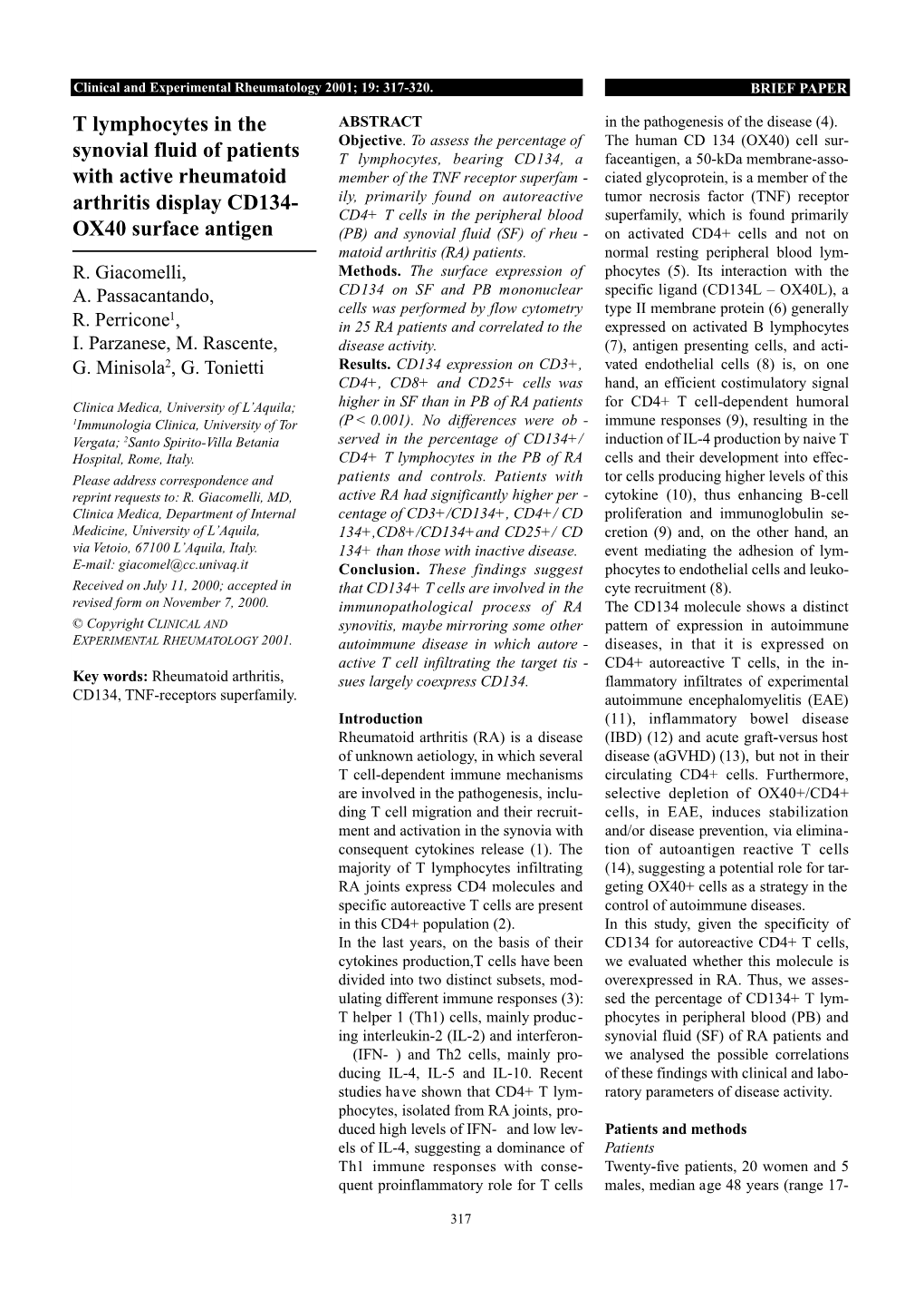 T Lymphocytes in the Synovial Fluid of Patients with Active Rheumatoid