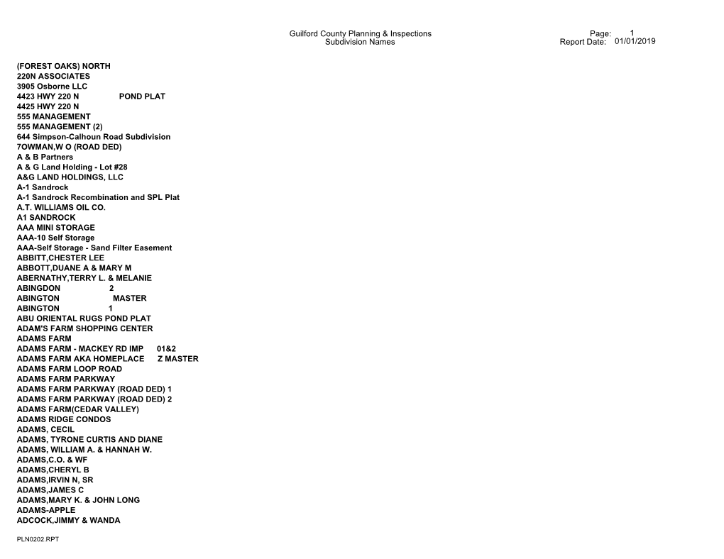 Subdivision Names Guilford County Planning & Inspections Report Date