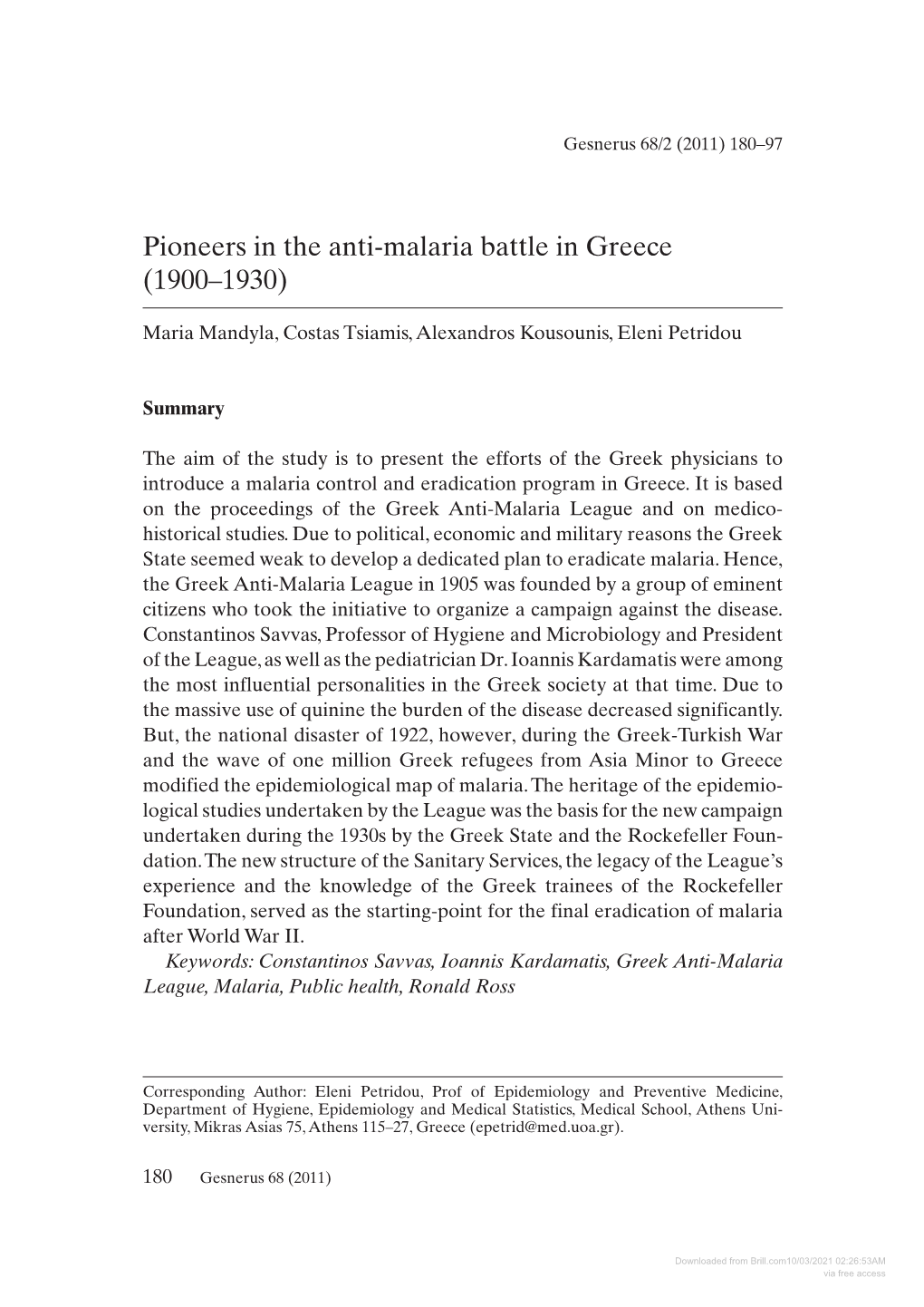 Pioneers in the Anti-Malaria Battle in Greece (1900–1930)