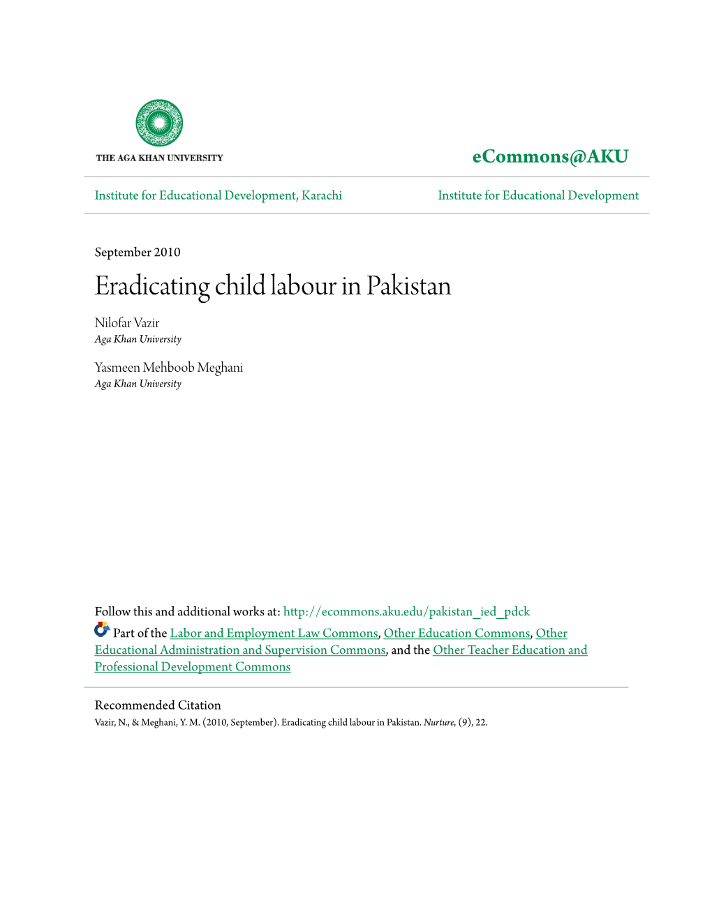 Eradicating Child Labour in Pakistan Nilofar Vazir Aga Khan University