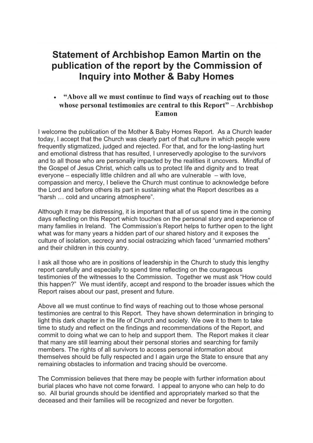 Statement of Archbishop Eamon Martin on the Publication of the Report by the Commission of Inquiry Into Mother & Baby Homes