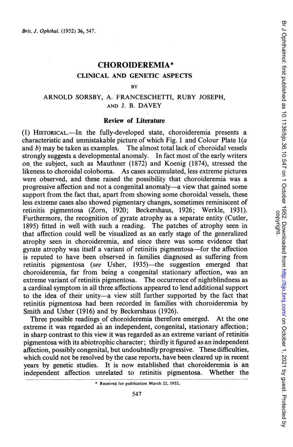 Choroideremia* Clinical and Genetic Aspects by Arnold Sorsby, A