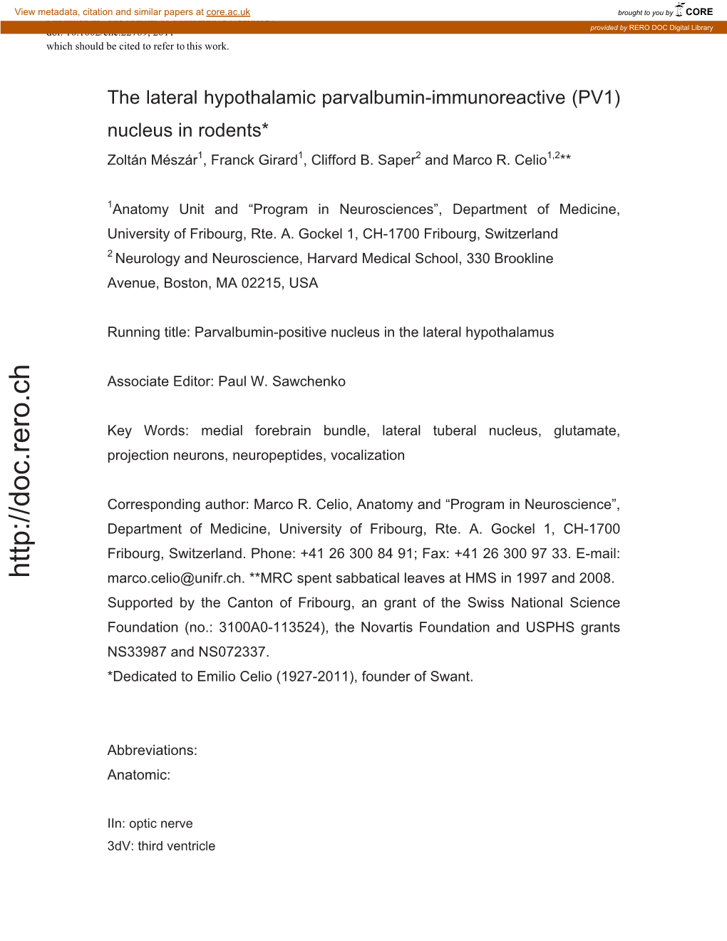 The Lateral Hypothalamic Parvalbuminimmunoreactive