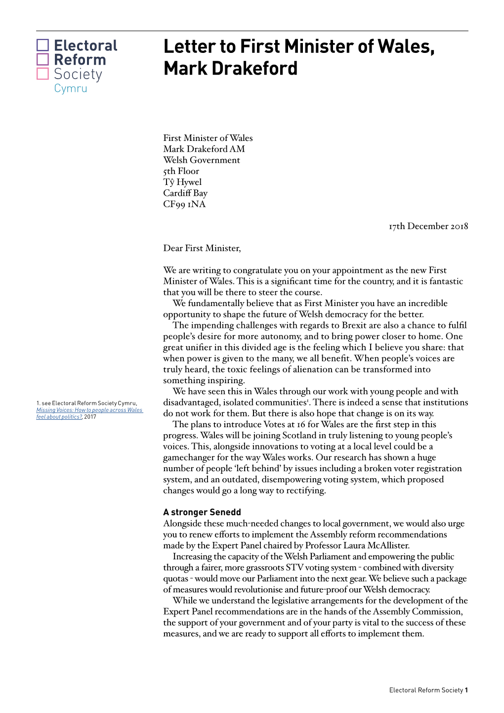 Letter to First Minister of Wales, Mark Drakeford