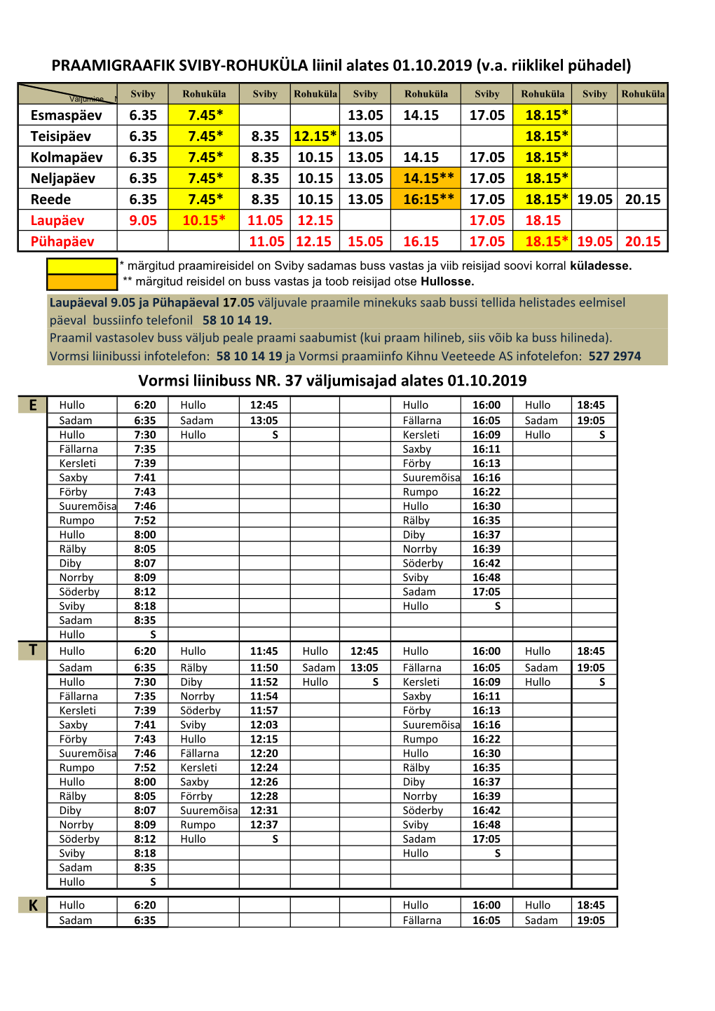 Vormsi Liinibuss NR. 37 Väljumisajad Alates 01.10.2019