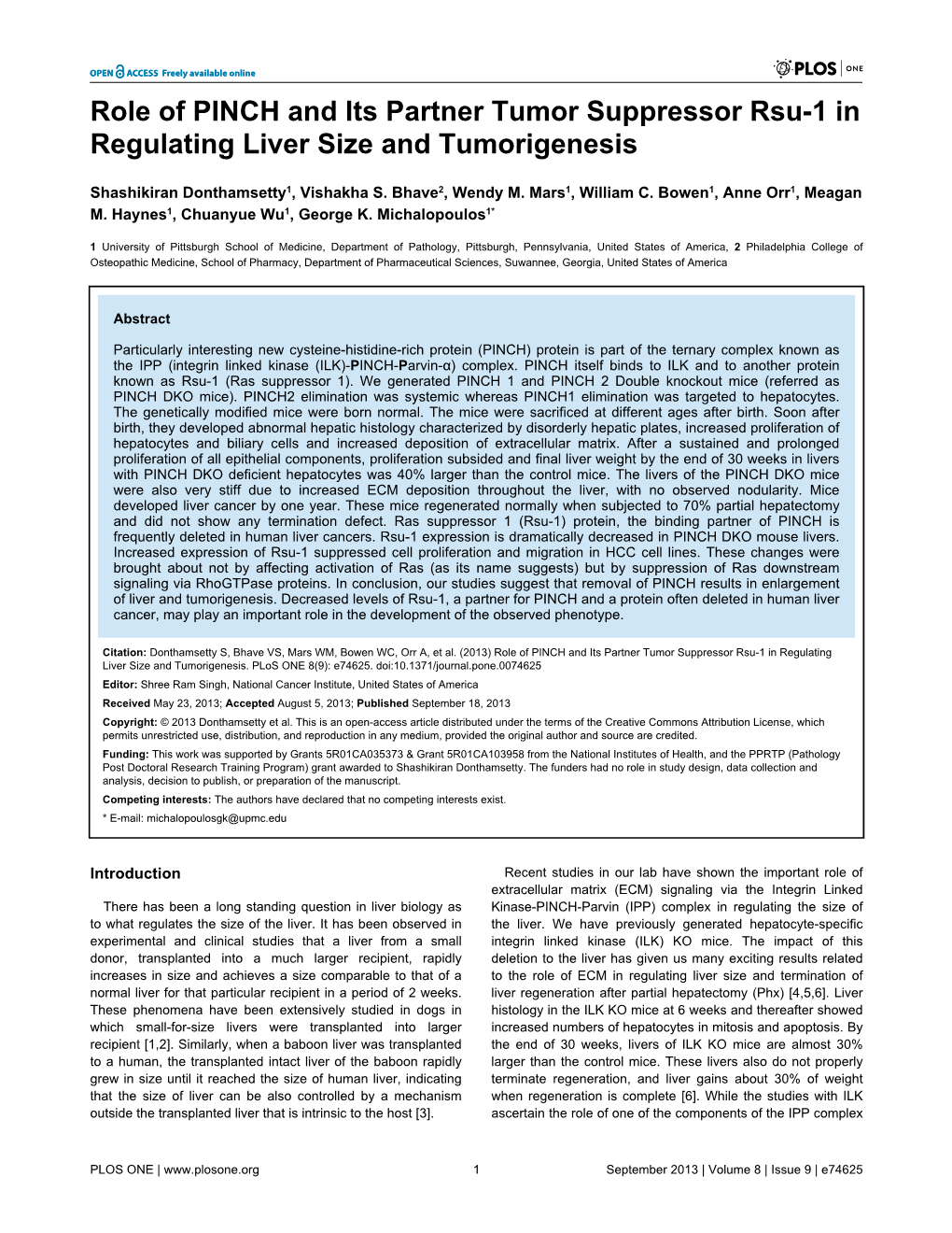 Role of PINCH and Its Partner Tumor Suppressor Rsu-1 in Regulating Liver Size and Tumorigenesis