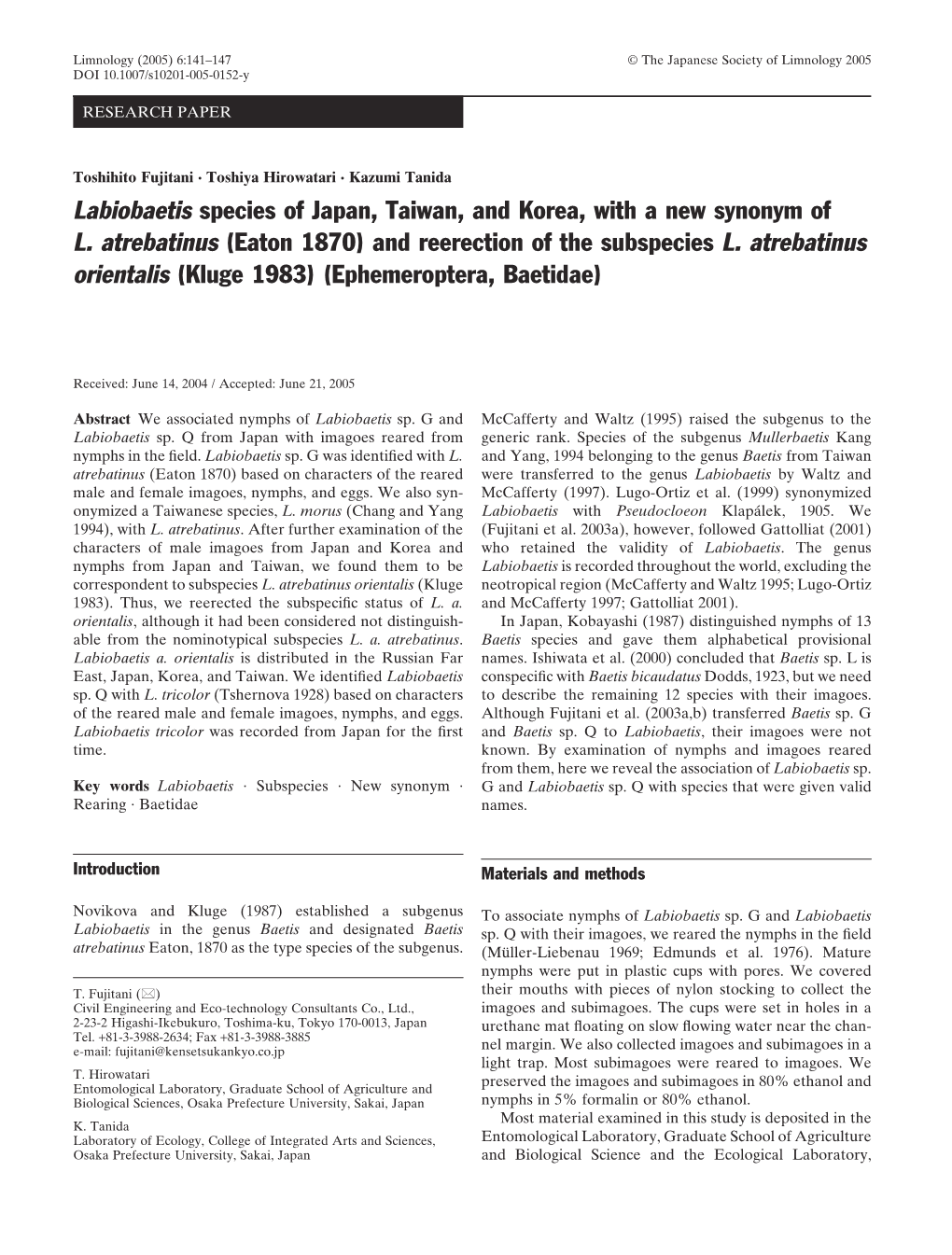 Labiobaetis Species of Japan, Taiwan, and Korea, with a New Synonym of L