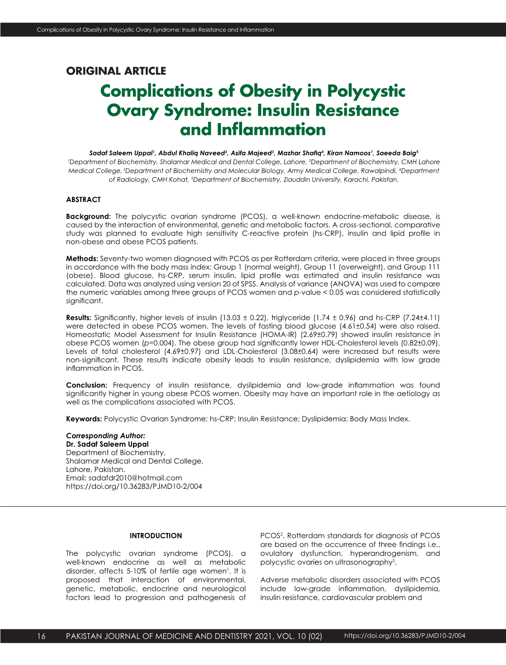 Complications of Obesity in Polycystic Ovary Syndrome: Insulin Resistance and Inflammation