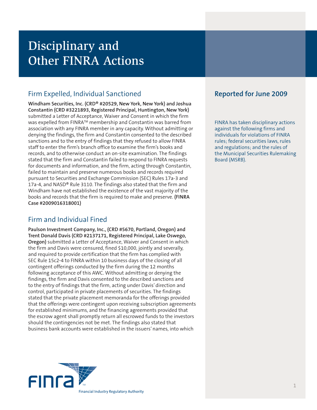 Disciplinary and Other FINRA Actions Reported for June 2009