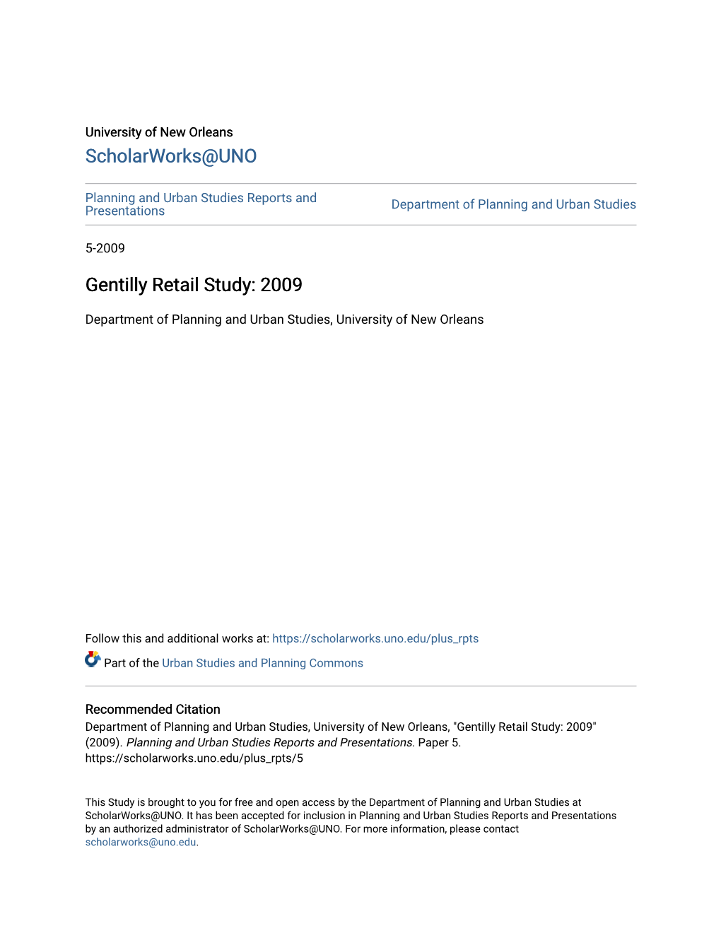 Gentilly Retail Study: 2009